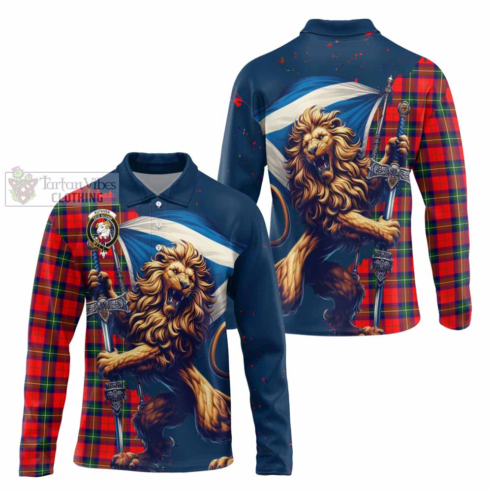 Tartan Vibes Clothing Ruthven Tartan Family Crest Long Sleeve Polo Shirt with Scottish Majestic Lion