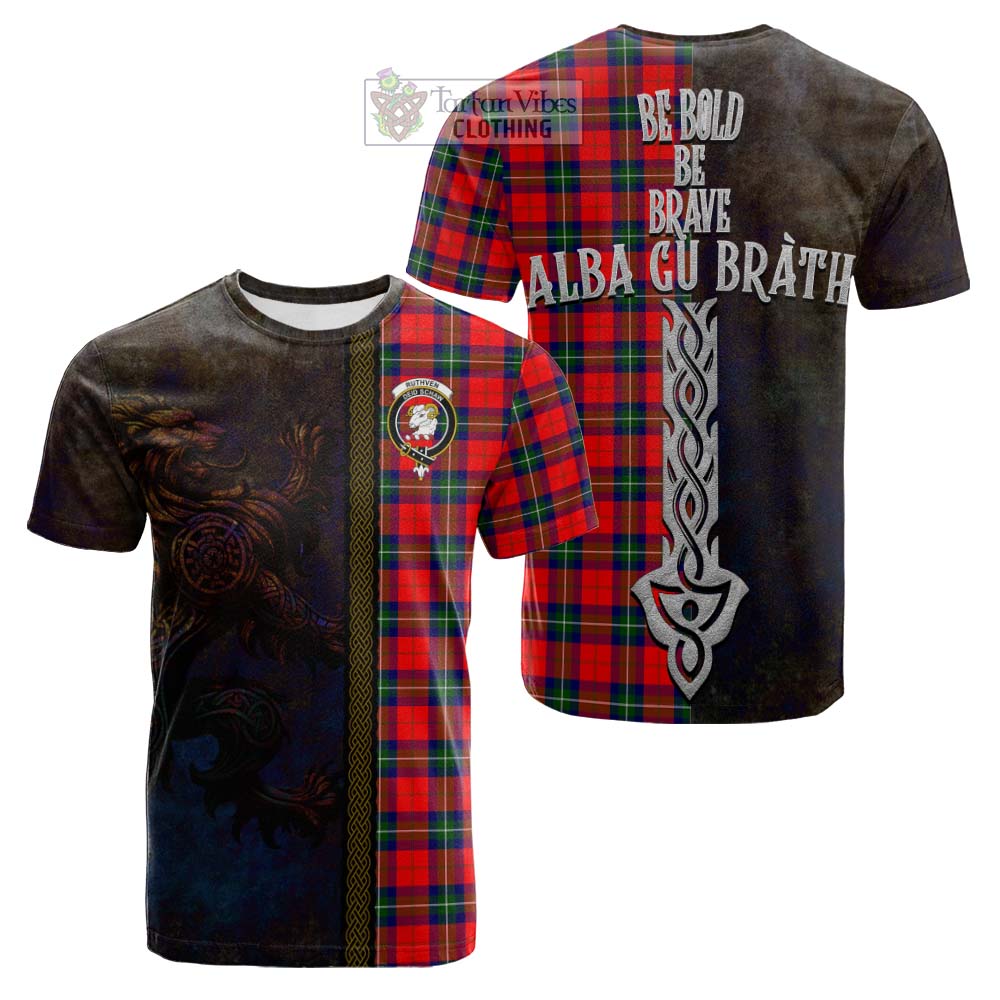 Ruthven Tartan Family Crest Cotton T-shirt Alba Gu Brath Be Brave Lion Ancient Style - Tartan Vibes Clothing