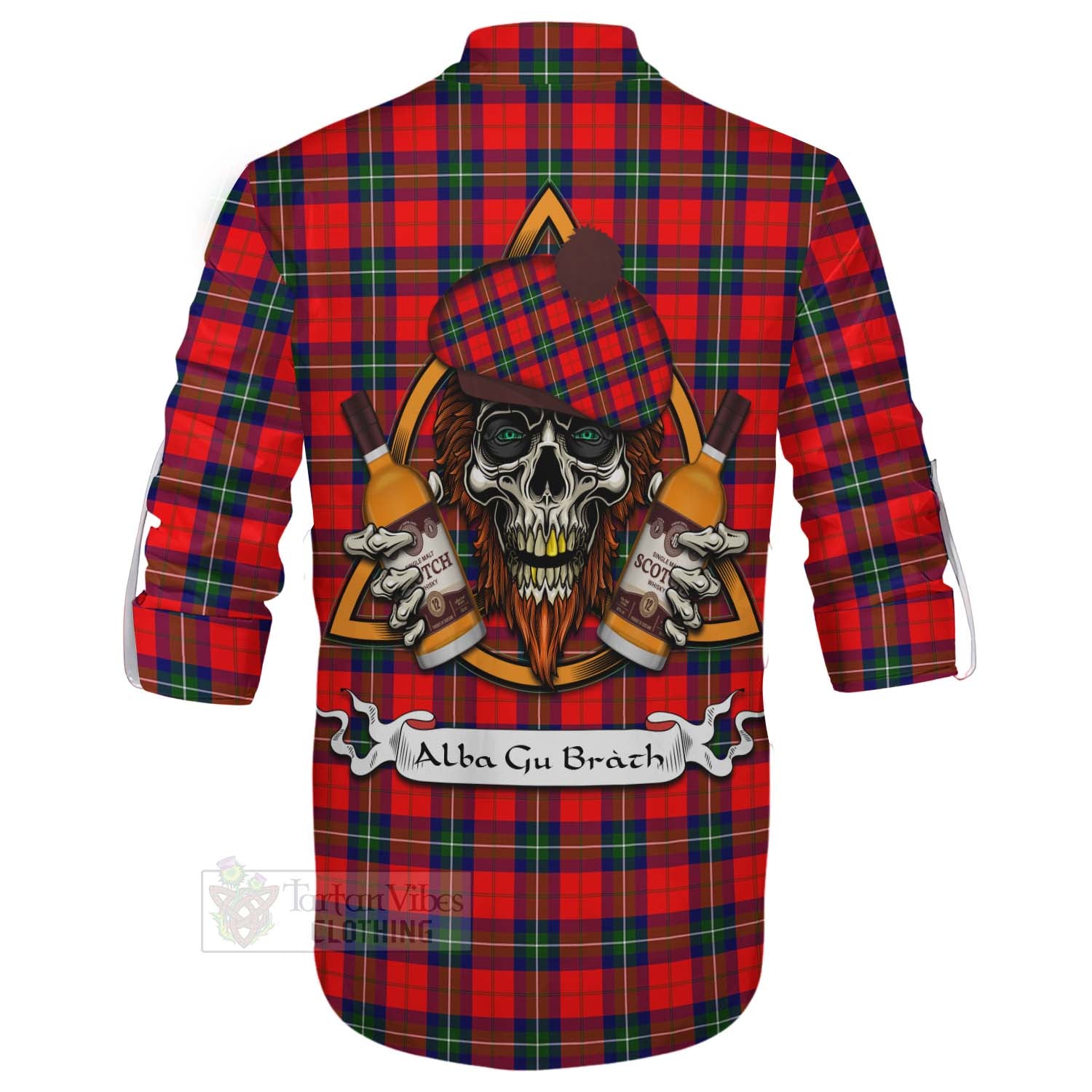 Tartan Vibes Clothing Ruthven Tartan Ghillie Kilt Shirt with Family Crest and Bearded Skull Holding Bottles of Whiskey