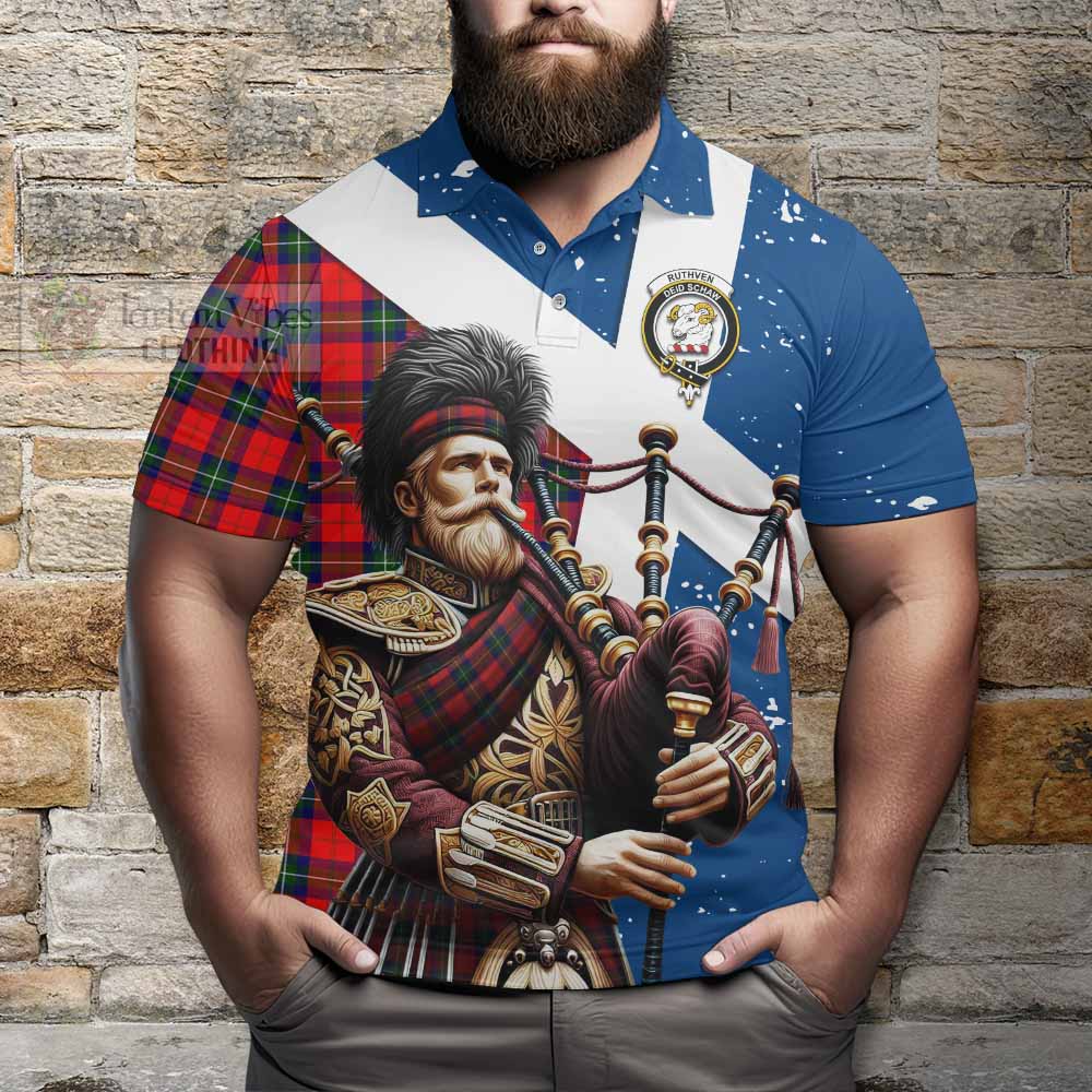 Tartan Vibes Clothing Ruthven Tartan Polo Shirt with Family Crest Scottish Bagpiper Vibes