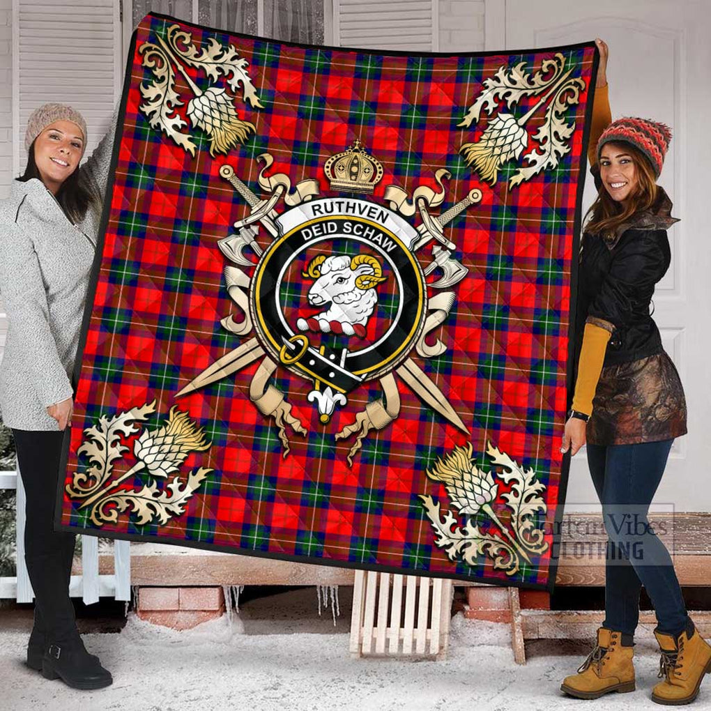 Tartan Vibes Clothing Ruthven Tartan Quilt with Family Crest and Scottish Golden Courage Shield