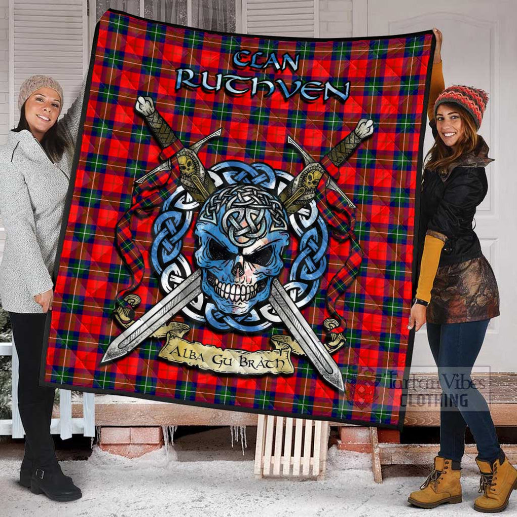 Tartan Vibes Clothing Ruthven Tartan Quilt with Celtic Skull Alba Gu Brath Style