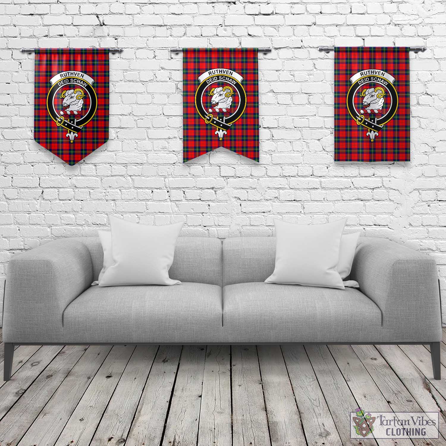 Tartan Vibes Clothing Ruthven Modern Tartan Gonfalon, Tartan Banner with Family Crest