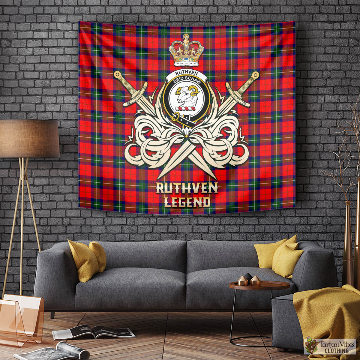 Tartan Vibes Clothing Ruthven Modern Tartan Tapestry with Clan Crest and the Golden Sword of Courageous Legacy