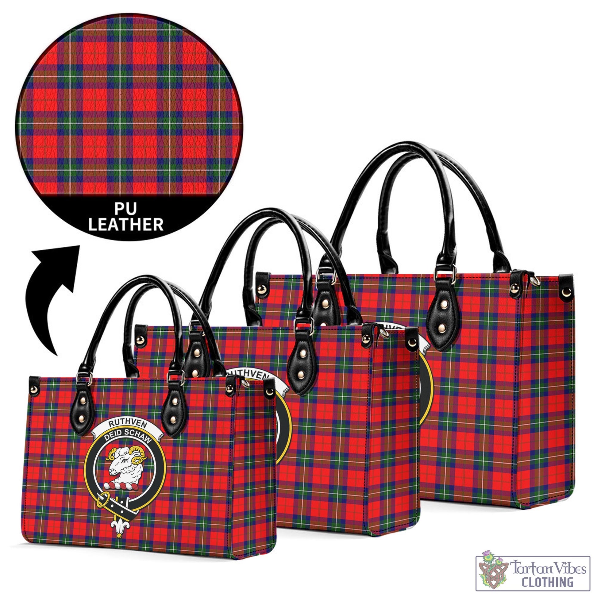 Tartan Vibes Clothing Ruthven Modern Tartan Luxury Leather Handbags with Family Crest