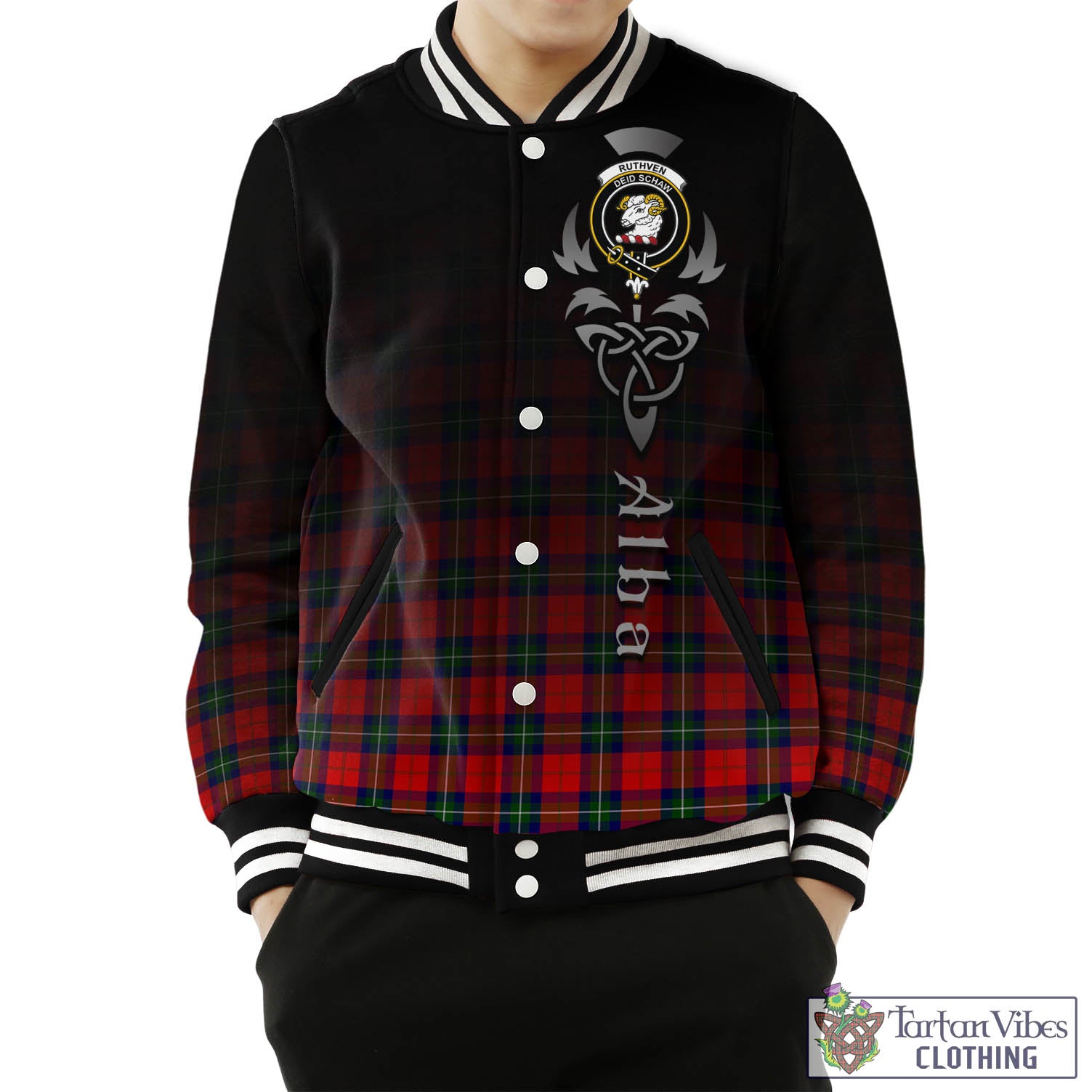 Tartan Vibes Clothing Ruthven Modern Tartan Baseball Jacket Featuring Alba Gu Brath Family Crest Celtic Inspired