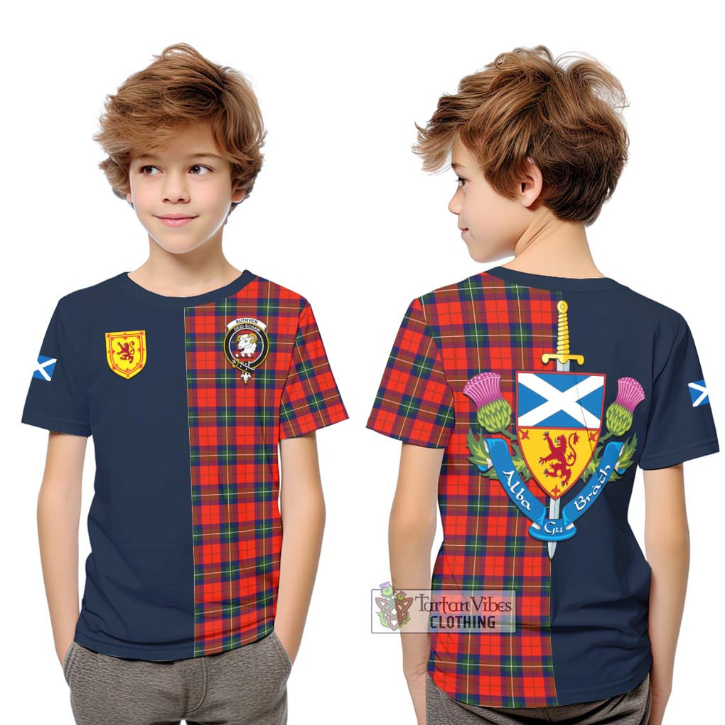 Tartan Vibes Clothing Ruthven Modern Tartan Kid T-Shirt with Scottish Lion Royal Arm Half Style