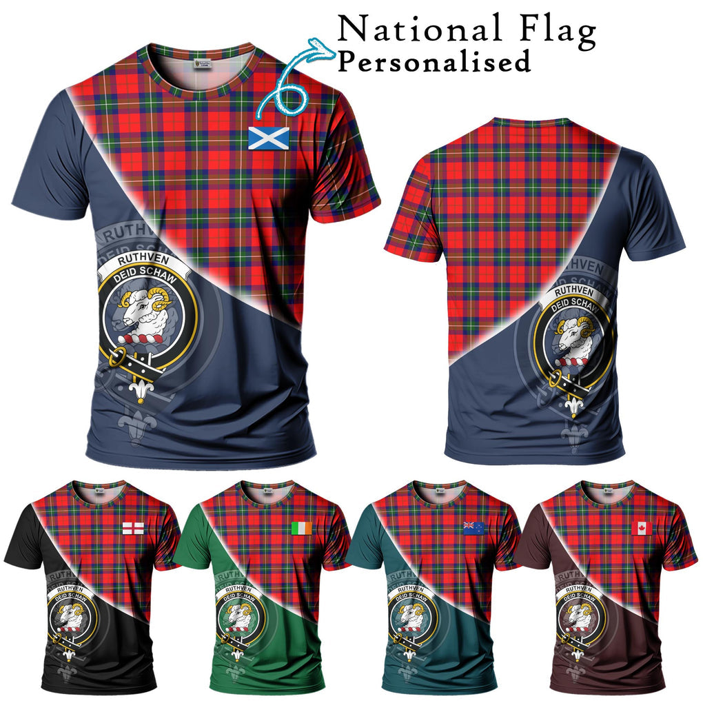 Ruthven Tartan T-Shirt with Personalised National Flag and Family Crest Half Style Kid's Shirt - Tartanvibesclothing Shop