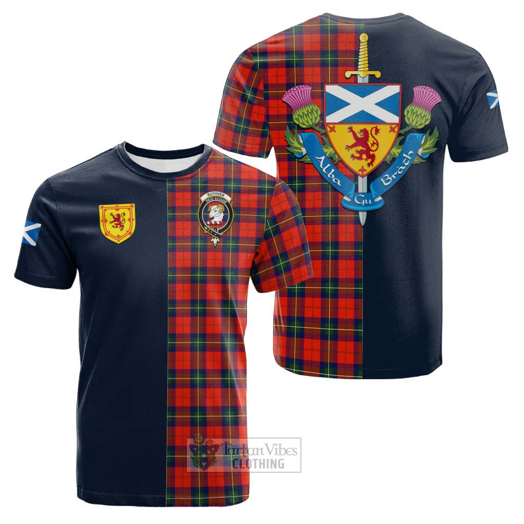 Tartan Vibes Clothing Ruthven Modern Tartan Cotton T-shirt with Scottish Lion Royal Arm Half Style