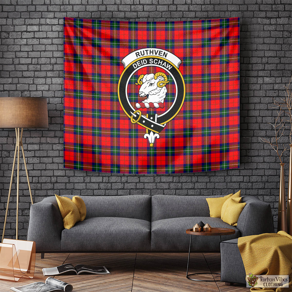 Tartan Vibes Clothing Ruthven Modern Tartan Tapestry Wall Hanging and Home Decor for Room with Family Crest