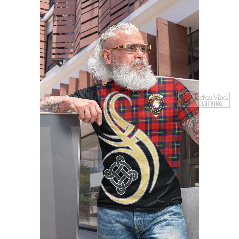 Tartan Vibes Clothing Ruthven Modern Tartan Cotton T-shirt with Family Crest and Celtic Symbol Style