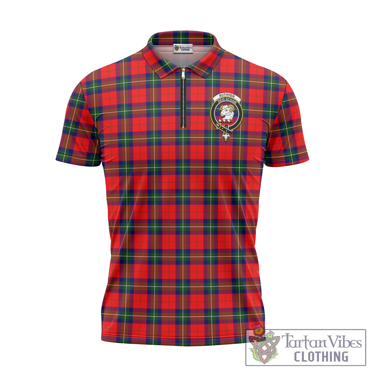 Ruthven Tartan Zipper Polo Shirt with Family Crest Unisex - Tartan Vibes Clothing