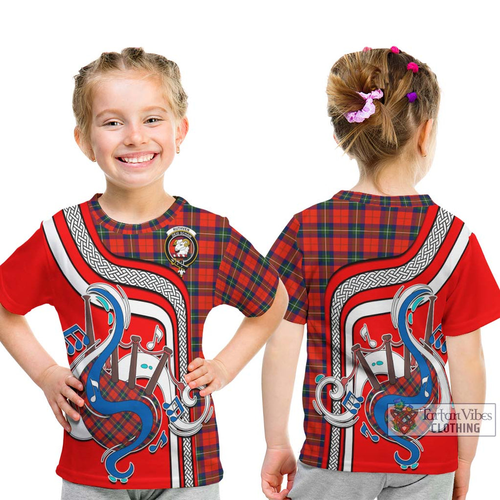 Tartan Vibes Clothing Ruthven Modern Tartan Kid T-Shirt with Epic Bagpipe Style