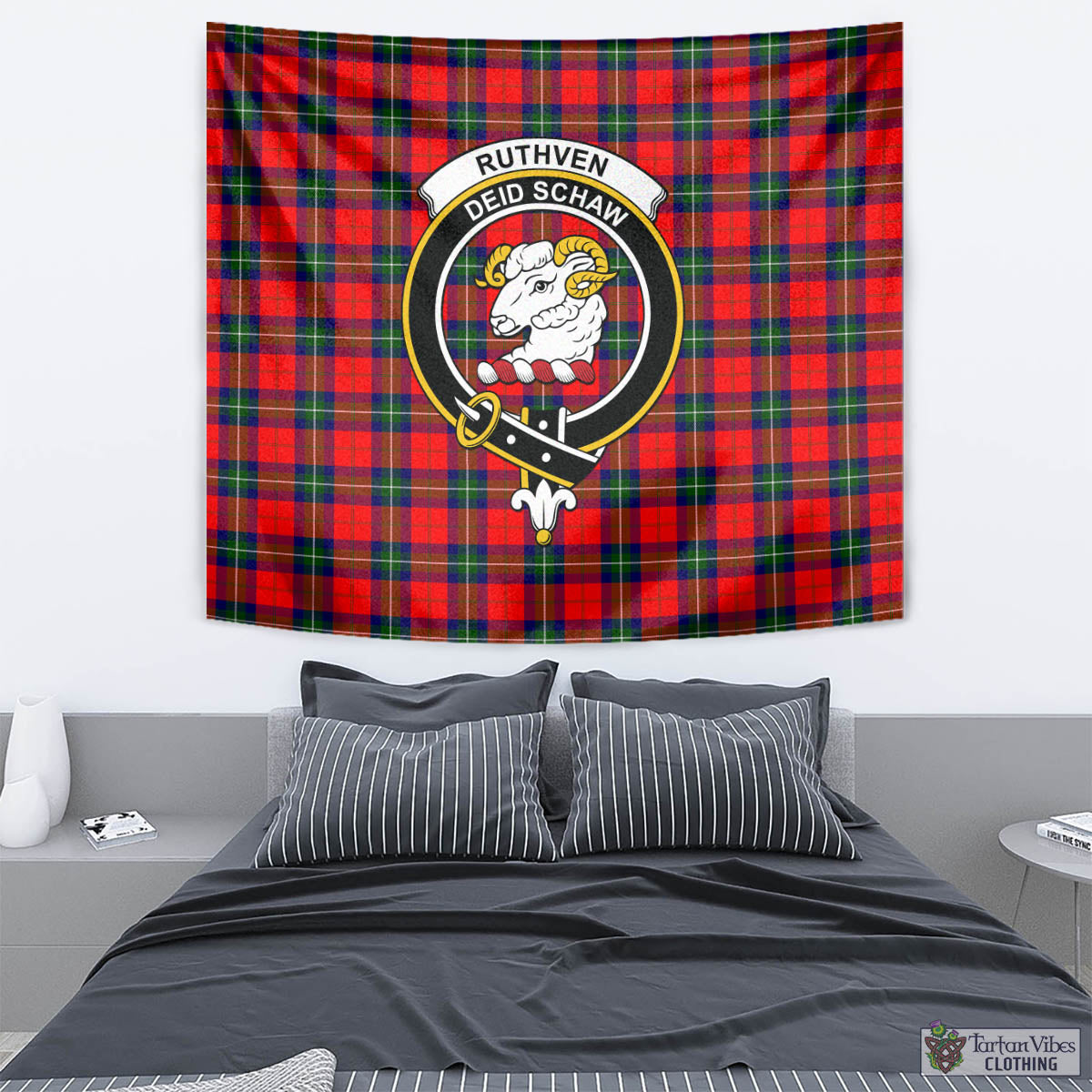 Tartan Vibes Clothing Ruthven Modern Tartan Tapestry Wall Hanging and Home Decor for Room with Family Crest