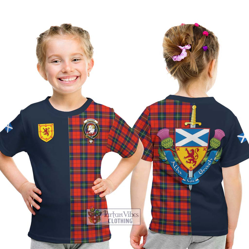 Tartan Vibes Clothing Ruthven Modern Tartan Kid T-Shirt with Scottish Lion Royal Arm Half Style