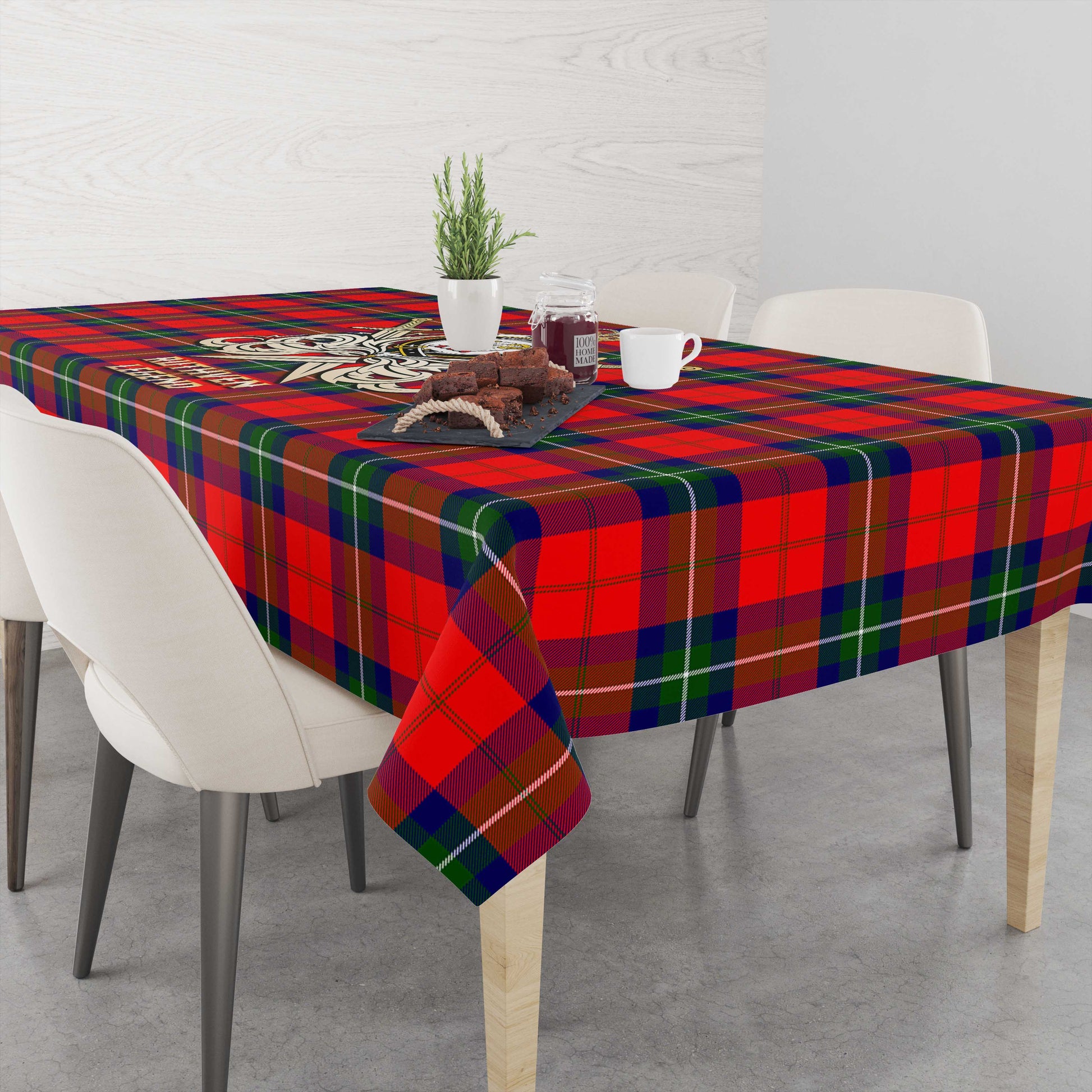 Tartan Vibes Clothing Ruthven Modern Tartan Tablecloth with Clan Crest and the Golden Sword of Courageous Legacy