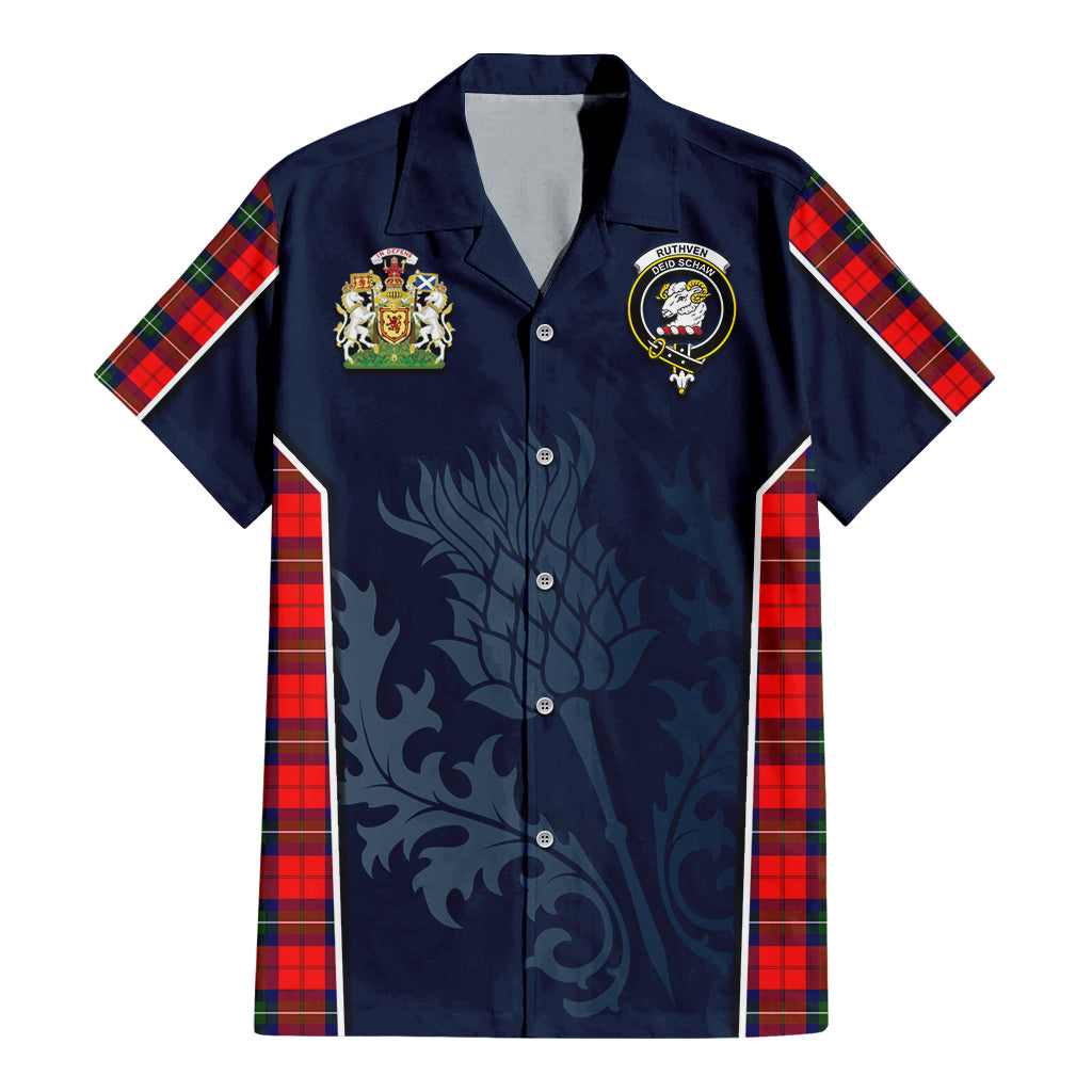 Tartan Vibes Clothing Ruthven Modern Tartan Short Sleeve Button Up Shirt with Family Crest and Scottish Thistle Vibes Sport Style