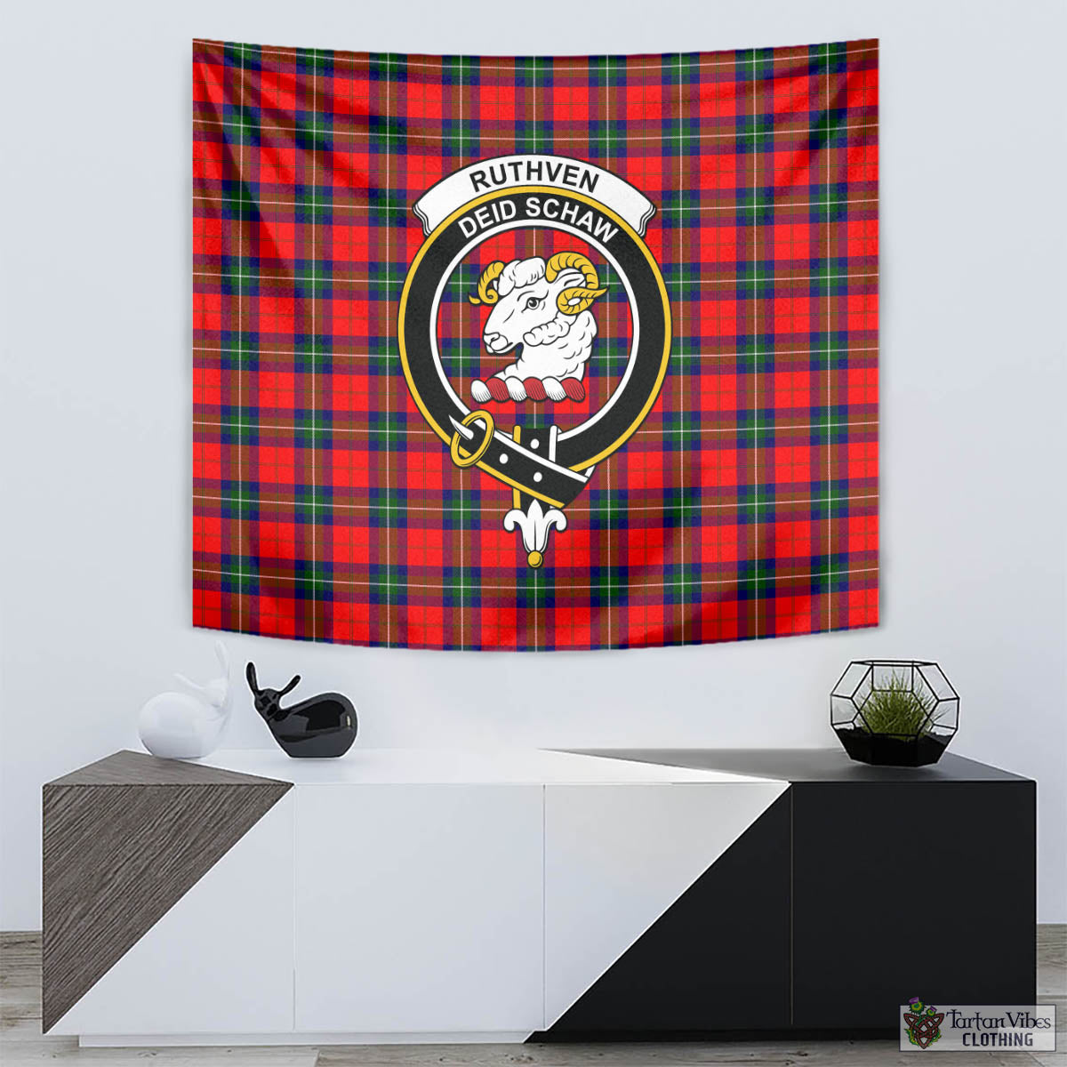 Tartan Vibes Clothing Ruthven Modern Tartan Tapestry Wall Hanging and Home Decor for Room with Family Crest