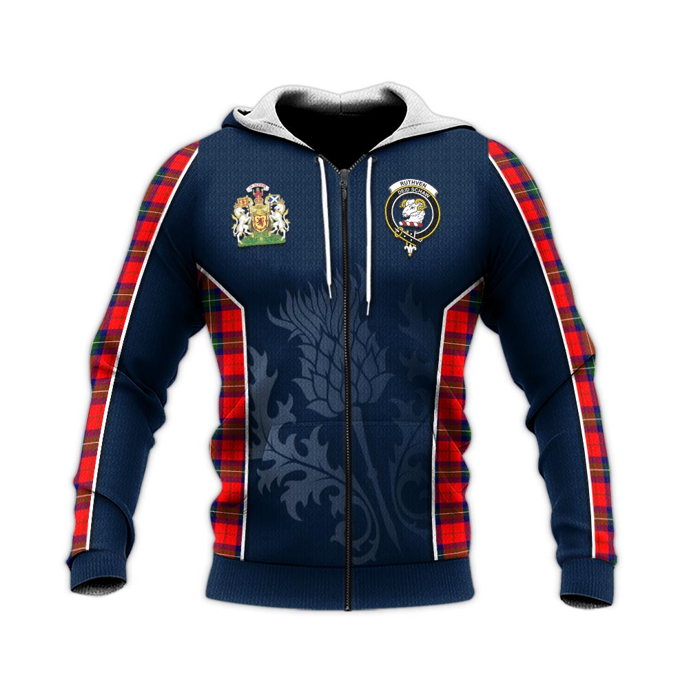 Tartan Vibes Clothing Ruthven Modern Tartan Knitted Hoodie with Family Crest and Scottish Thistle Vibes Sport Style