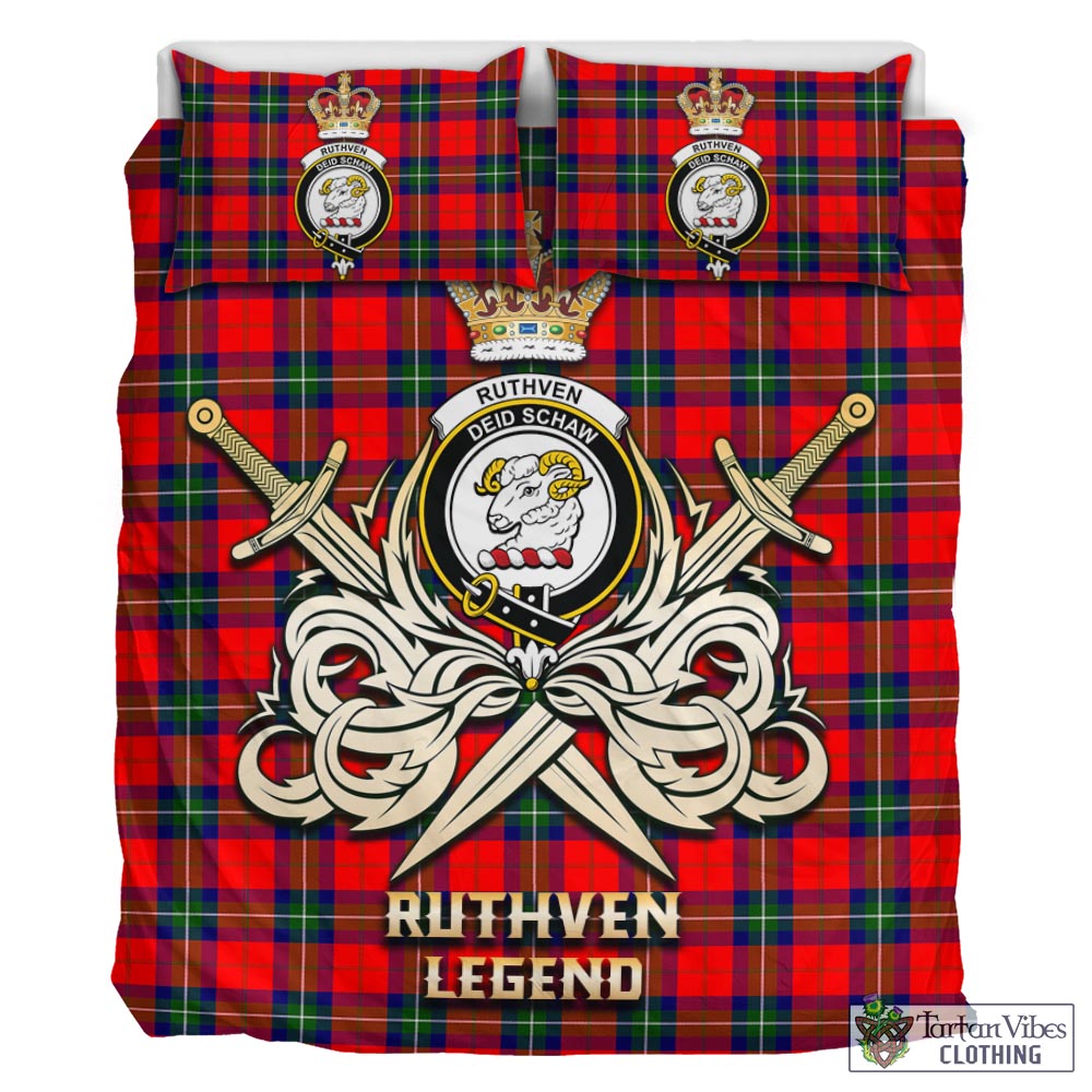 Tartan Vibes Clothing Ruthven Modern Tartan Bedding Set with Clan Crest and the Golden Sword of Courageous Legacy