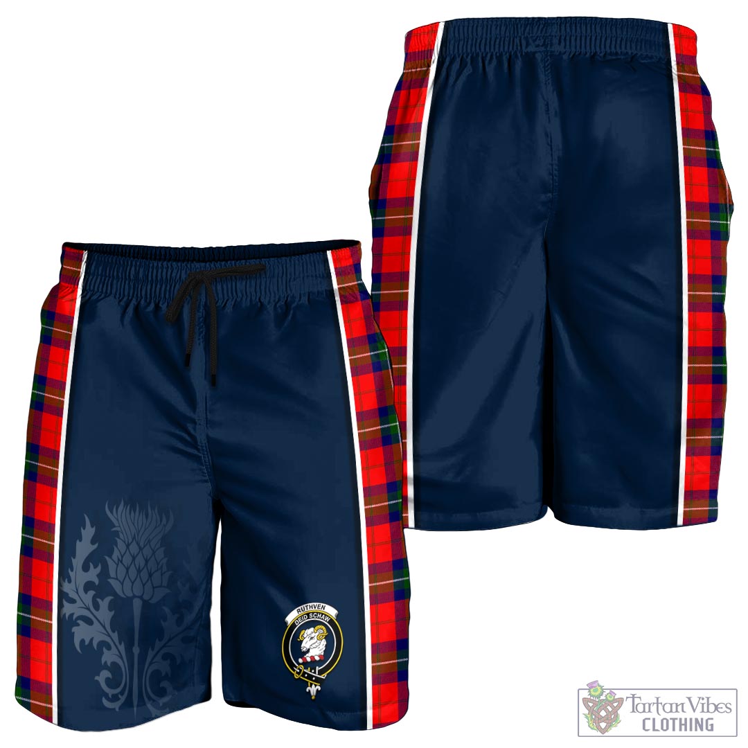 Tartan Vibes Clothing Ruthven Modern Tartan Men's Shorts with Family Crest and Scottish Thistle Vibes Sport Style