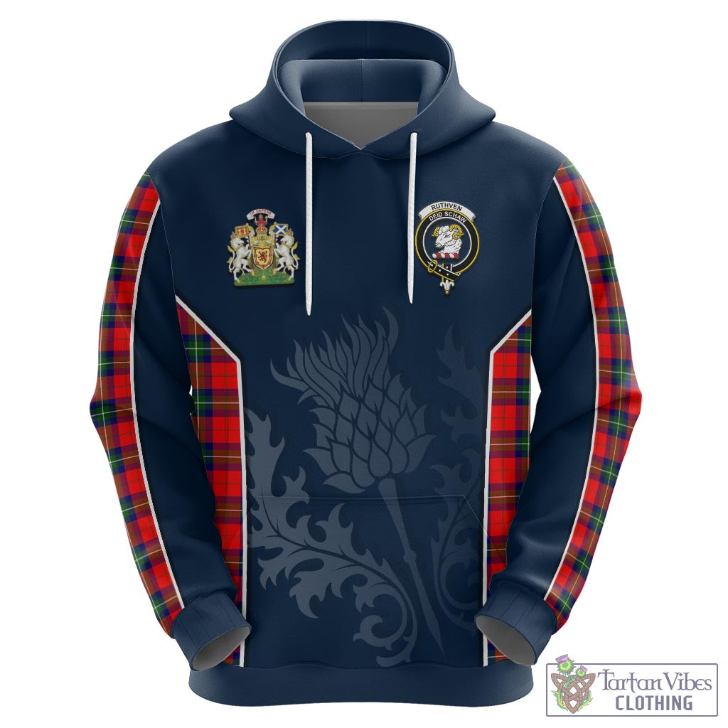 Tartan Vibes Clothing Ruthven Modern Tartan Hoodie with Family Crest and Scottish Thistle Vibes Sport Style