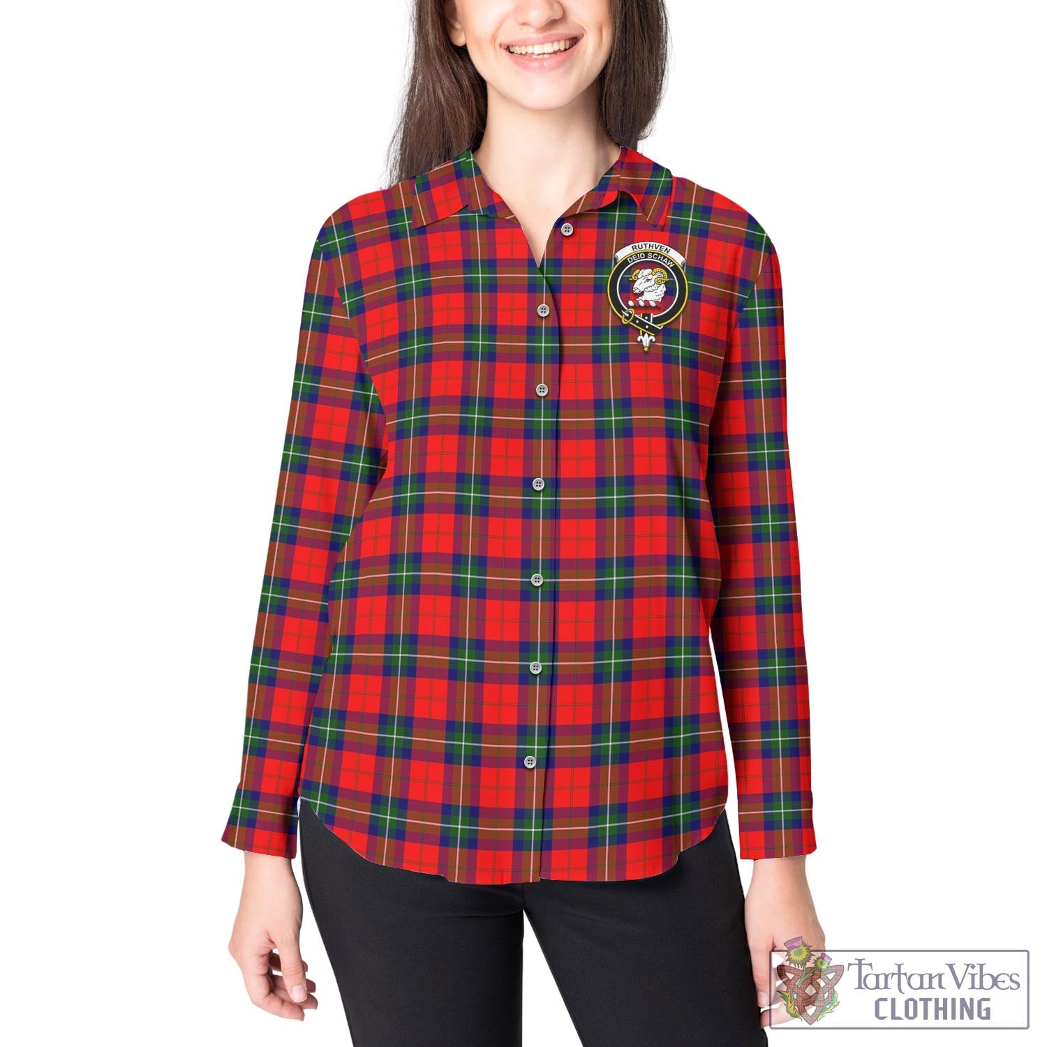 Tartan Vibes Clothing Ruthven Modern Tartan Womens Casual Shirt with Family Crest