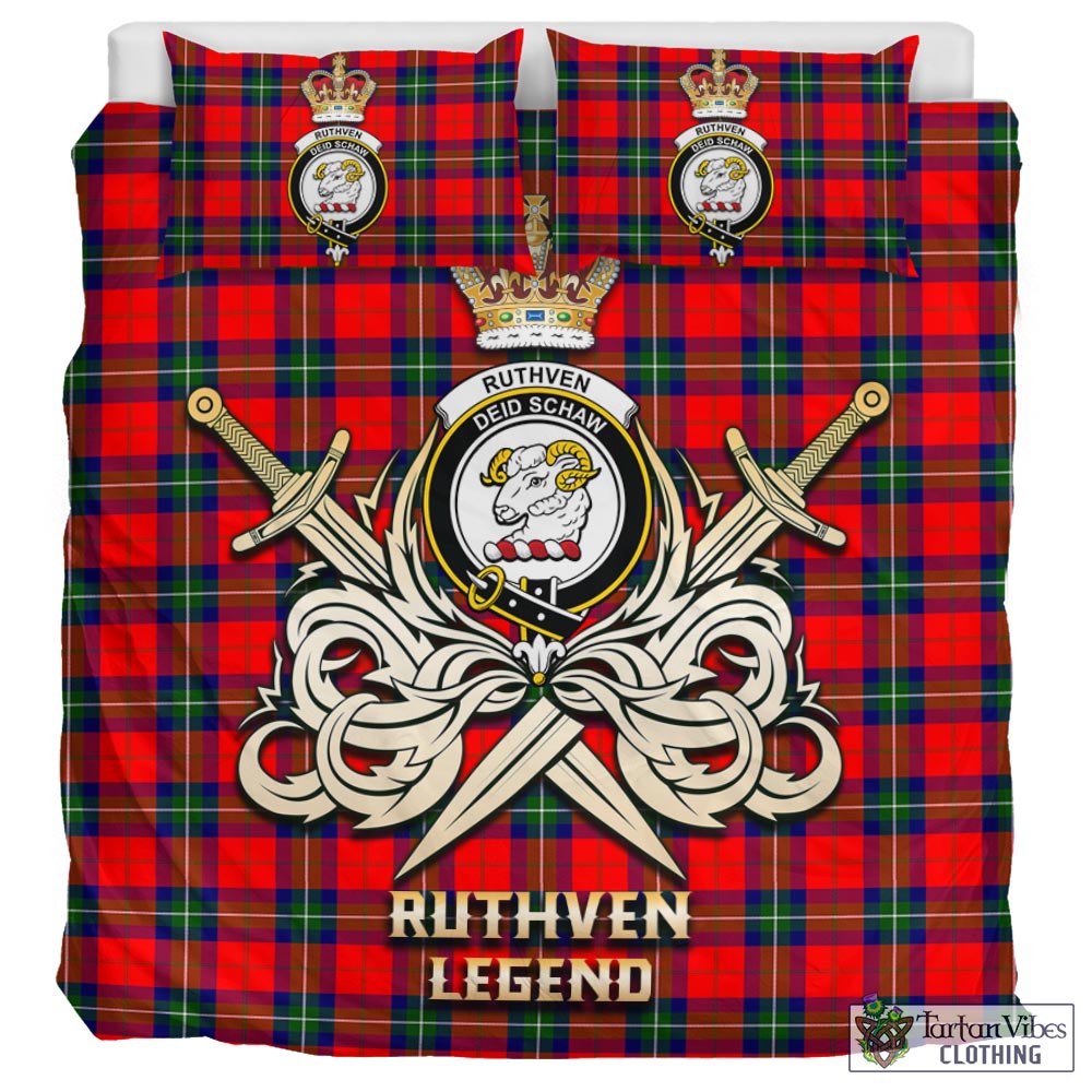 Tartan Vibes Clothing Ruthven Modern Tartan Bedding Set with Clan Crest and the Golden Sword of Courageous Legacy