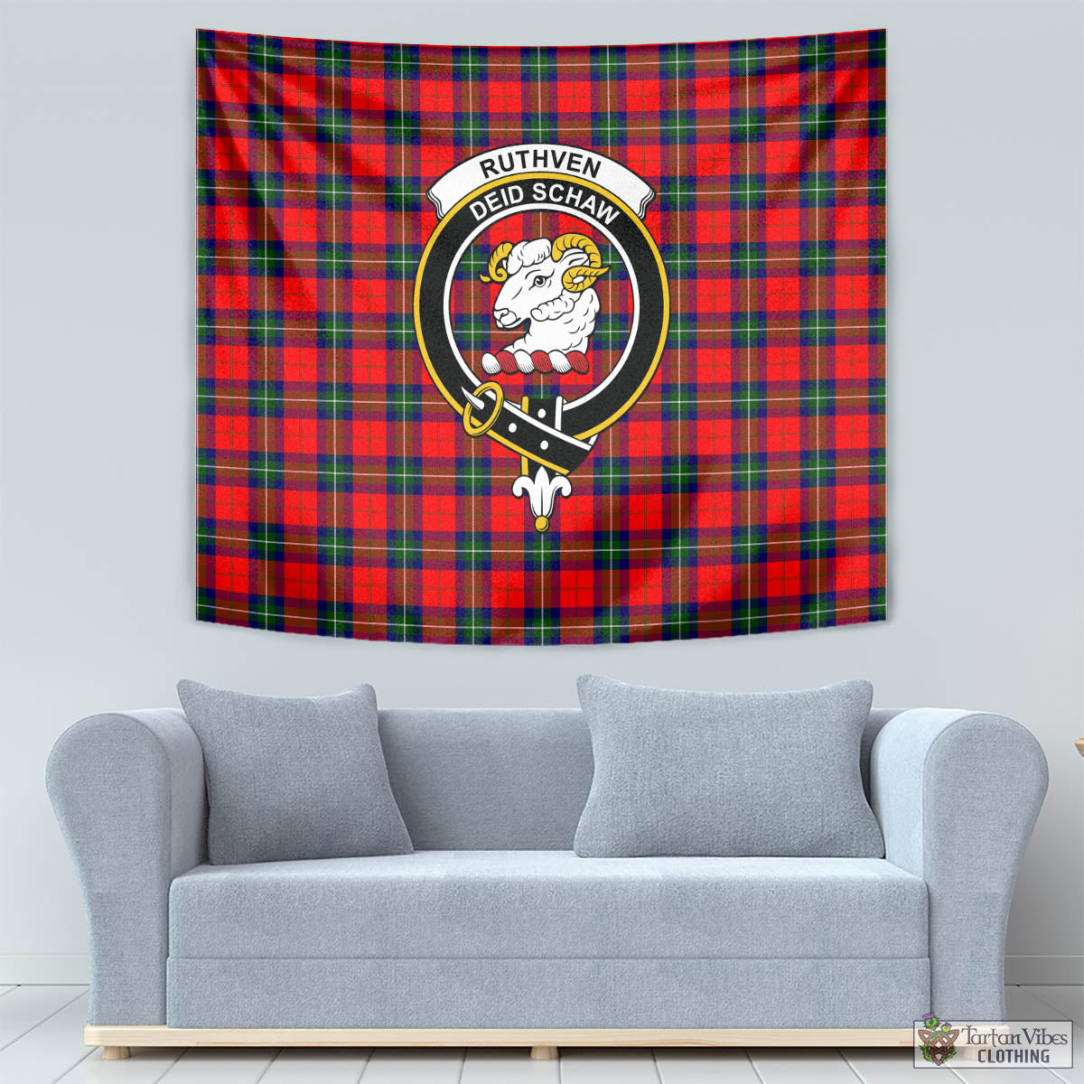 Tartan Vibes Clothing Ruthven Modern Tartan Tapestry Wall Hanging and Home Decor for Room with Family Crest