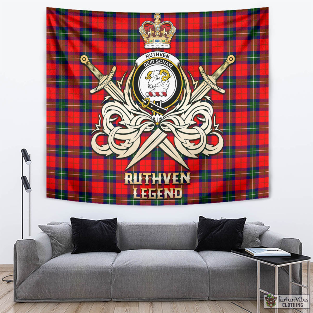 Tartan Vibes Clothing Ruthven Modern Tartan Tapestry with Clan Crest and the Golden Sword of Courageous Legacy