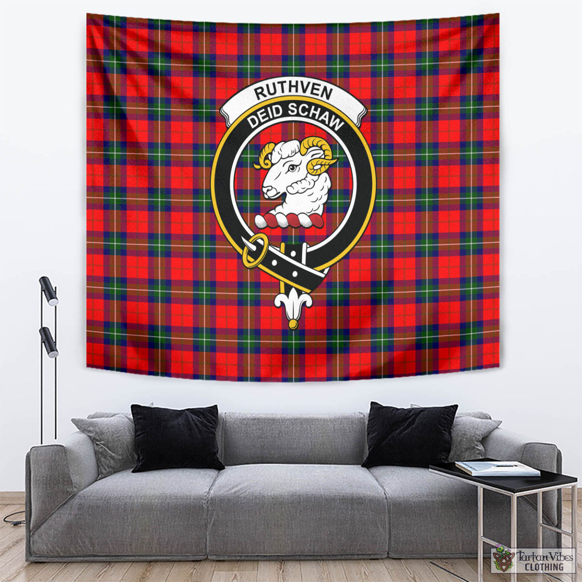 Tartan Vibes Clothing Ruthven Modern Tartan Tapestry Wall Hanging and Home Decor for Room with Family Crest