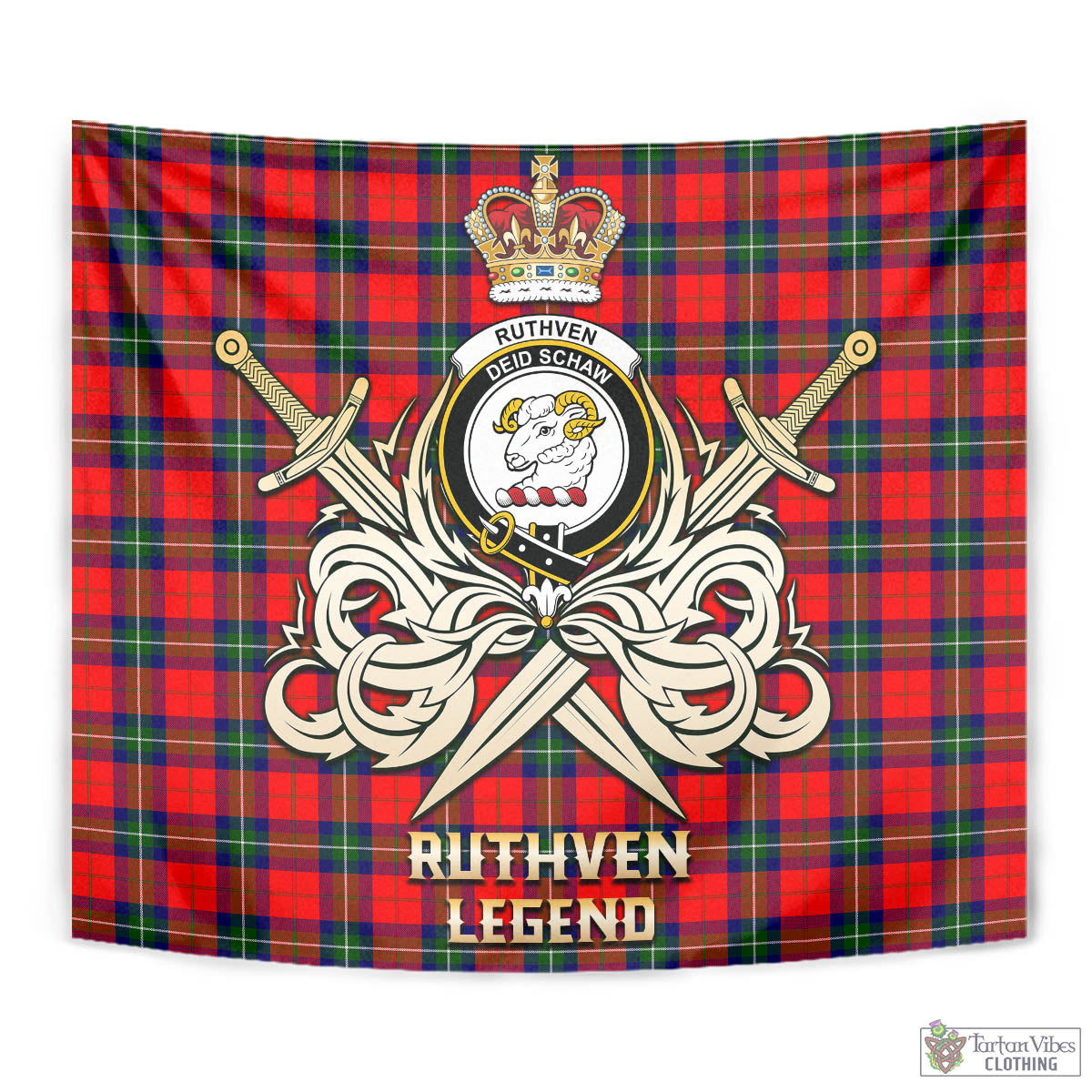 Tartan Vibes Clothing Ruthven Modern Tartan Tapestry with Clan Crest and the Golden Sword of Courageous Legacy