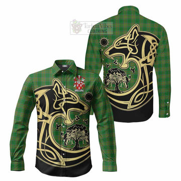 Ryan Irish Tartan Long Sleeve Button Shirt with Coat of Arms Celtic Wolf Style - Tartan Vibes Clothing
