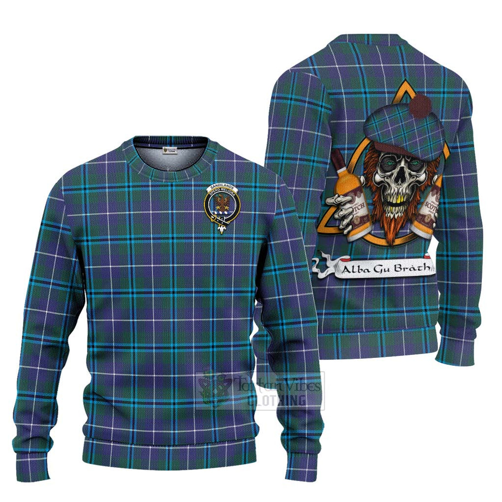 Tartan Vibes Clothing Sandilands Tartan Knitted Sweater with Family Crest and Bearded Skull Holding Bottles of Whiskey