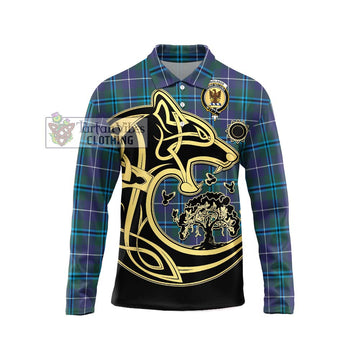 Sandilands Tartan Long Sleeve Polo Shirt with Family Crest Celtic Wolf Style