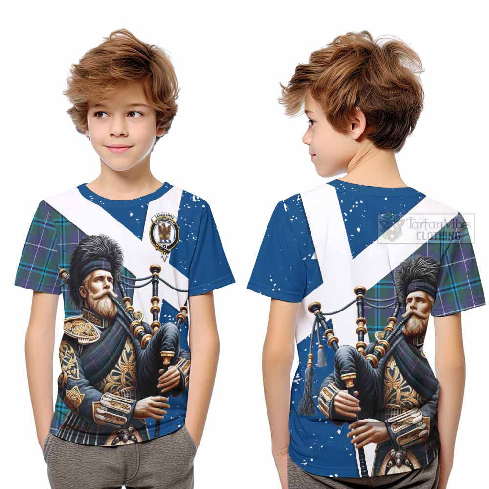 Tartan Vibes Clothing Sandilands Tartan Kid T-Shirt with Family Crest Scottish Bagpiper Vibes