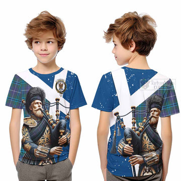 Sandilands Tartan Kid T-Shirt with Family Crest Scottish Bagpiper Vibes