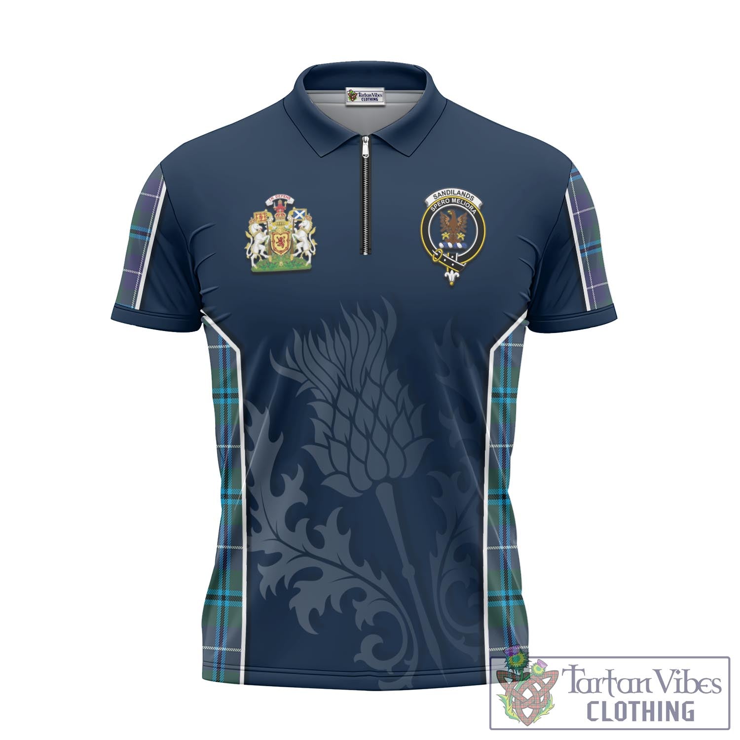 Tartan Vibes Clothing Sandilands Tartan Zipper Polo Shirt with Family Crest and Scottish Thistle Vibes Sport Style