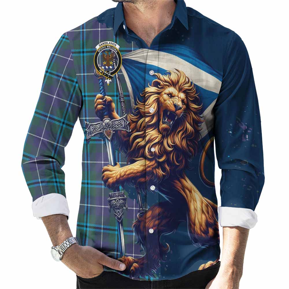 Tartan Vibes Clothing Sandilands Tartan Family Crest Long Sleeve Button Shirt with Scottish Majestic Lion