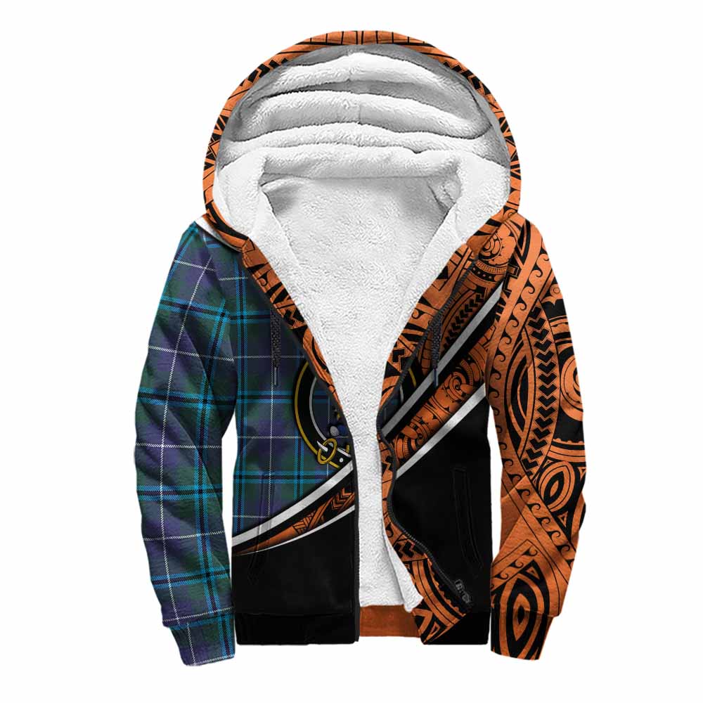 Tartan Vibes Clothing Sandilands Crest Tartan Sherpa Hoodie with Maori Tattoo Style - Orange Version