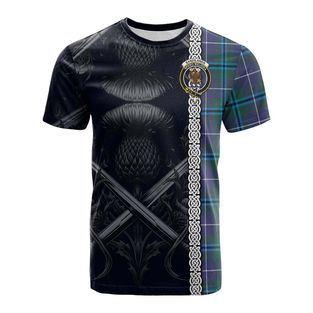 Tartan Vibes Clothing Sandilands Tartan Cotton T-shirt with Family Crest Cross Sword Thistle Celtic Vibes