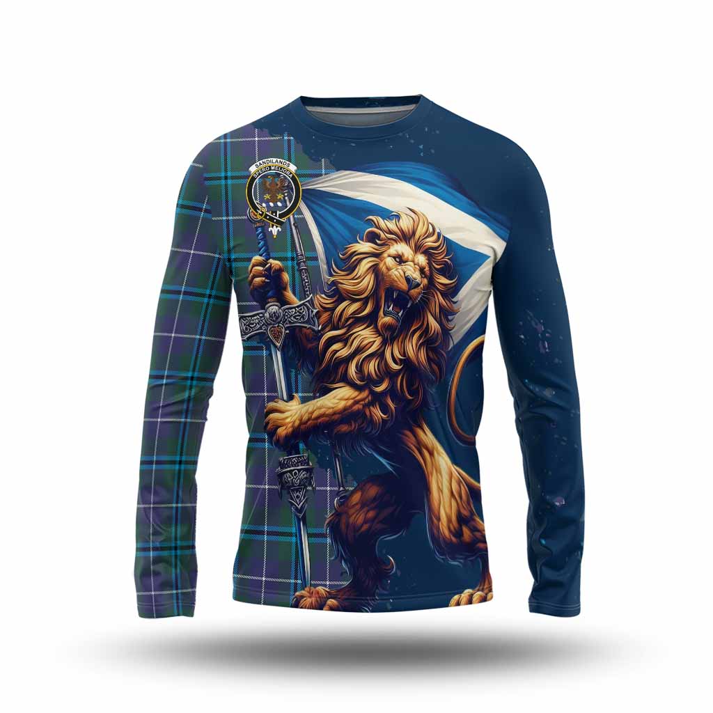 Tartan Vibes Clothing Sandilands Tartan Family Crest Long Sleeve T-Shirt with Scottish Majestic Lion