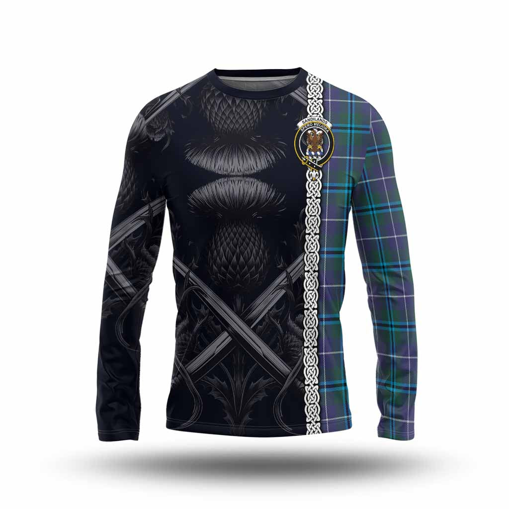 Tartan Vibes Clothing Sandilands Tartan Long Sleeve T-Shirt with Family Crest Cross Sword Thistle Celtic Vibes