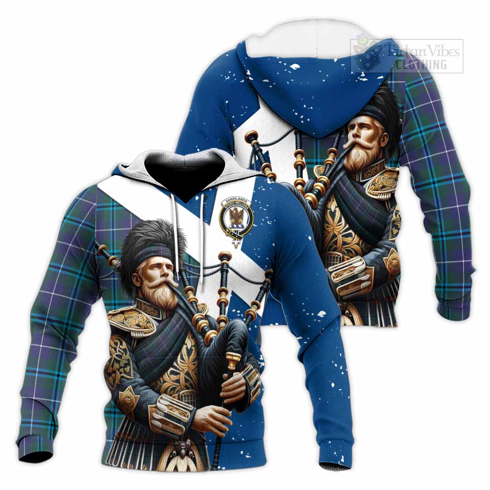 Tartan Vibes Clothing Sandilands Tartan Knitted Hoodie with Family Crest Scottish Bagpiper Vibes