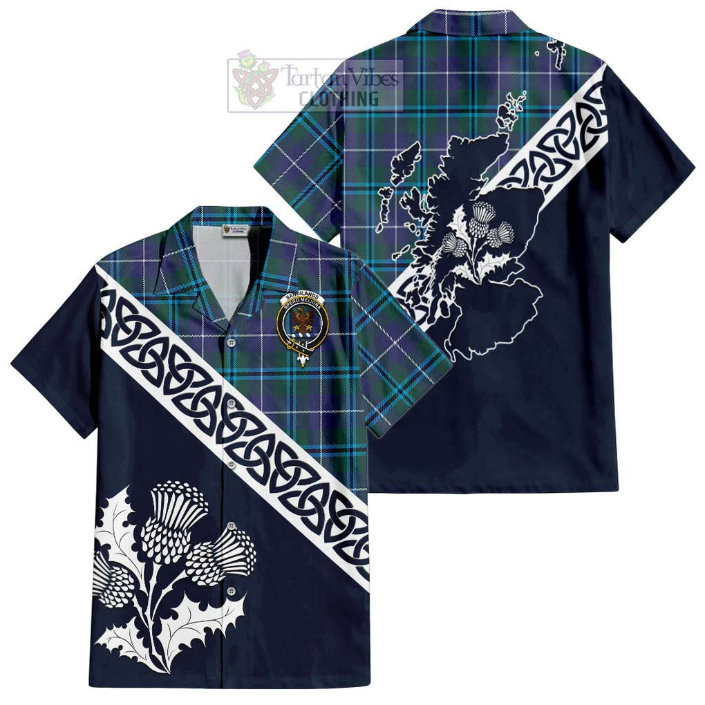 Tartan Vibes Clothing Sandilands Tartan Short Sleeve Button Shirt Featuring Thistle and Scotland Map