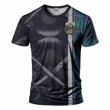 Sandilands Tartan T-Shirt with Family Crest Cross Sword Thistle Celtic Vibes