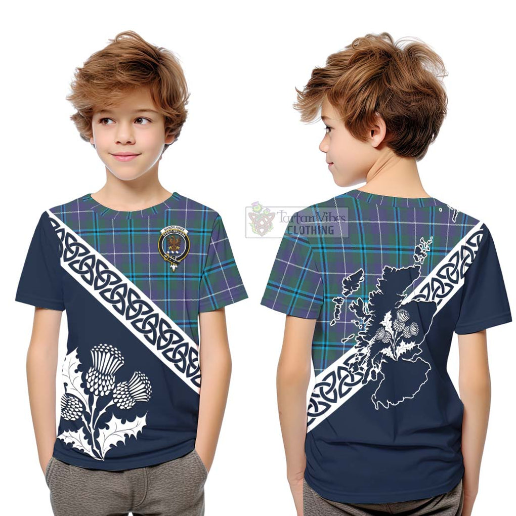 Tartan Vibes Clothing Sandilands Tartan Kid T-Shirt Featuring Thistle and Scotland Map