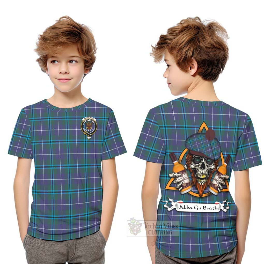 Tartan Vibes Clothing Sandilands Tartan Kid T-Shirt with Family Crest and Bearded Skull Holding Bottles of Whiskey