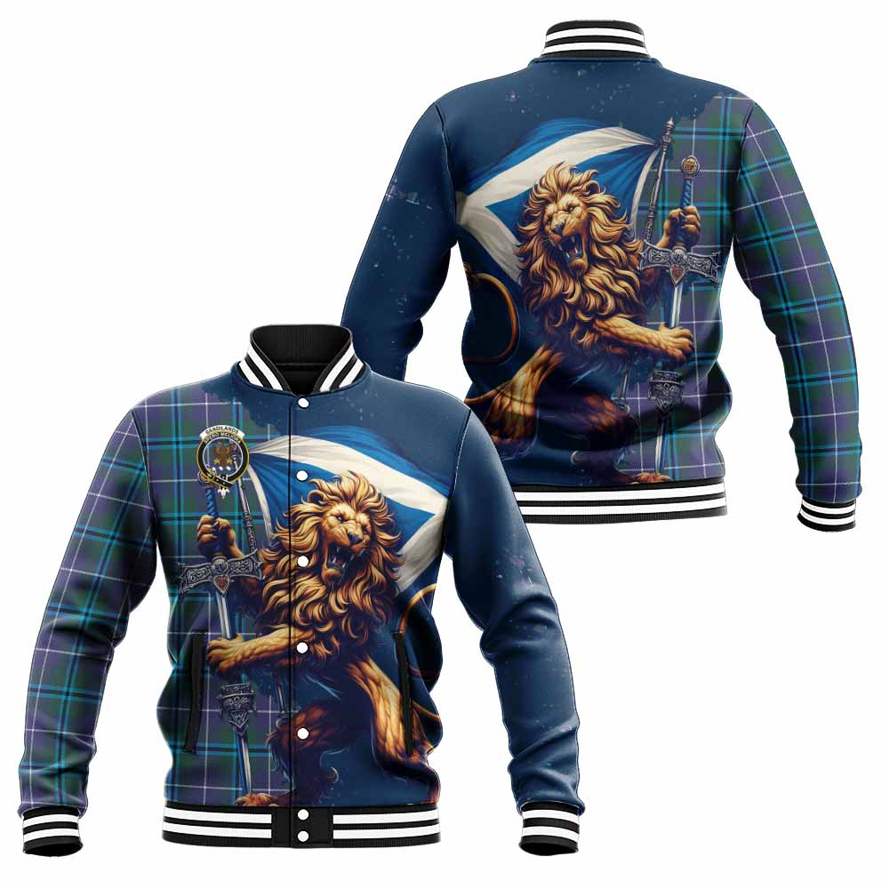 Tartan Vibes Clothing Sandilands Tartan Family Crest Baseball Jacket with Scottish Majestic Lion