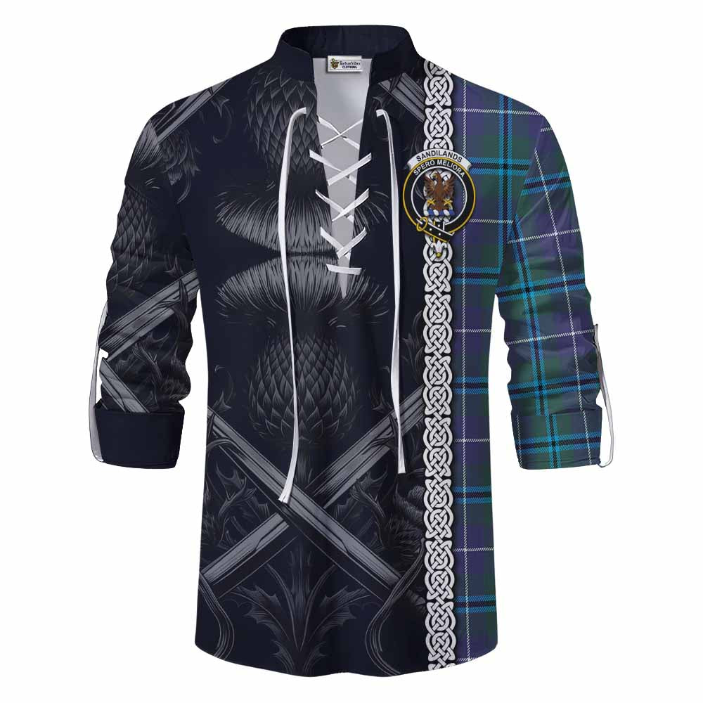 Tartan Vibes Clothing Sandilands Tartan Ghillie Kilt Shirt with Family Crest Cross Sword Thistle Celtic Vibes